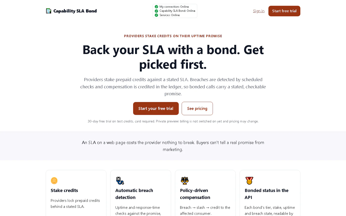 Capability SLA Bond landing page headline: Back your SLA with a bond. Get picked first.