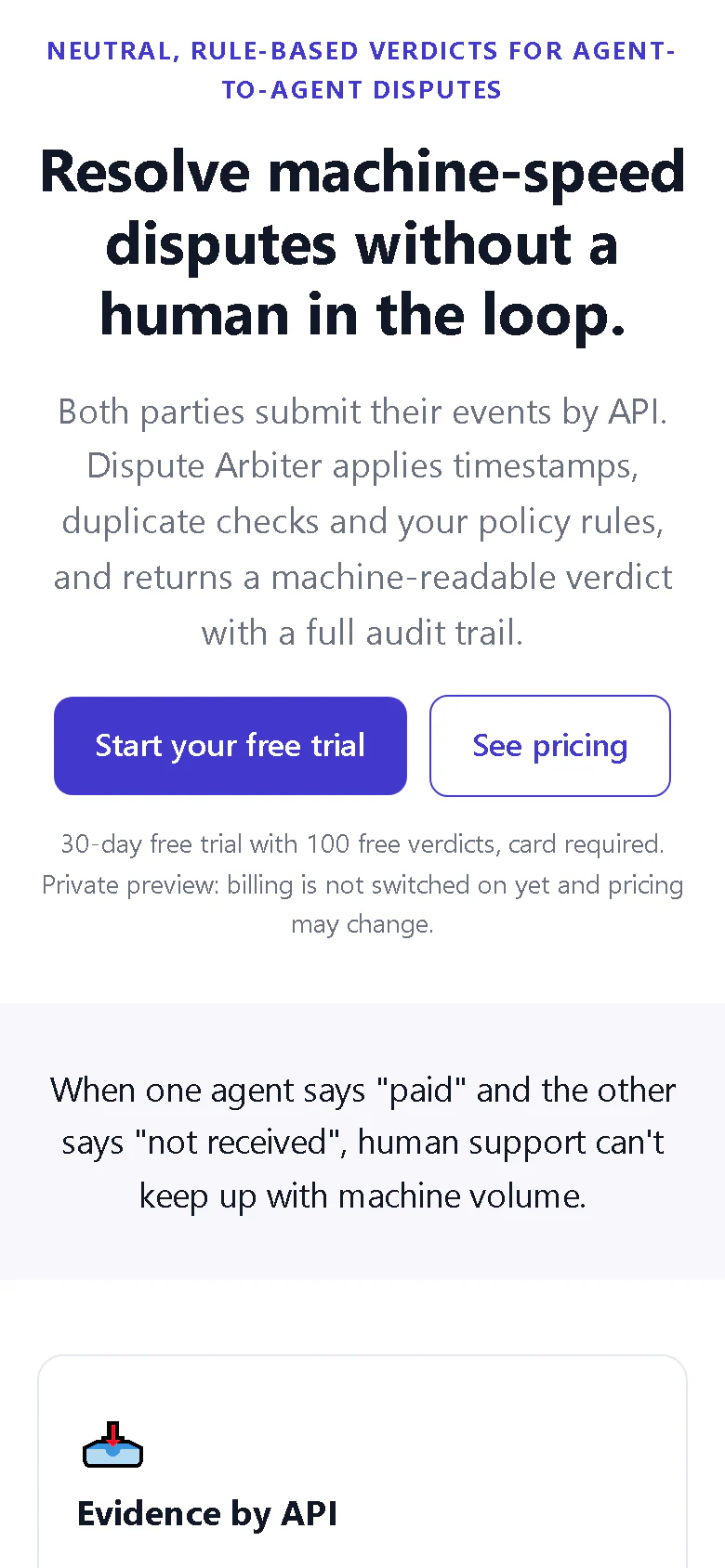Dispute Arbiter landing page on a phone-sized screen