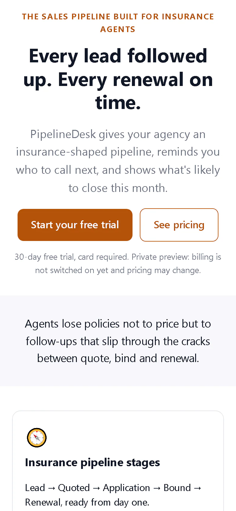PipelineDesk landing page on a phone-sized screen