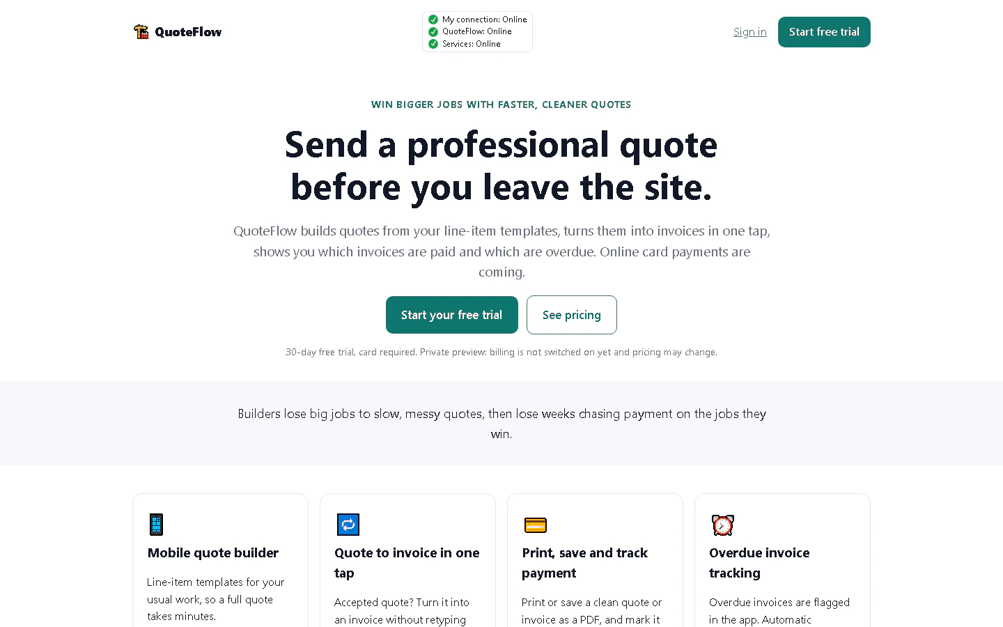 QuoteFlow landing page headline: Send a professional quote before you leave the site.