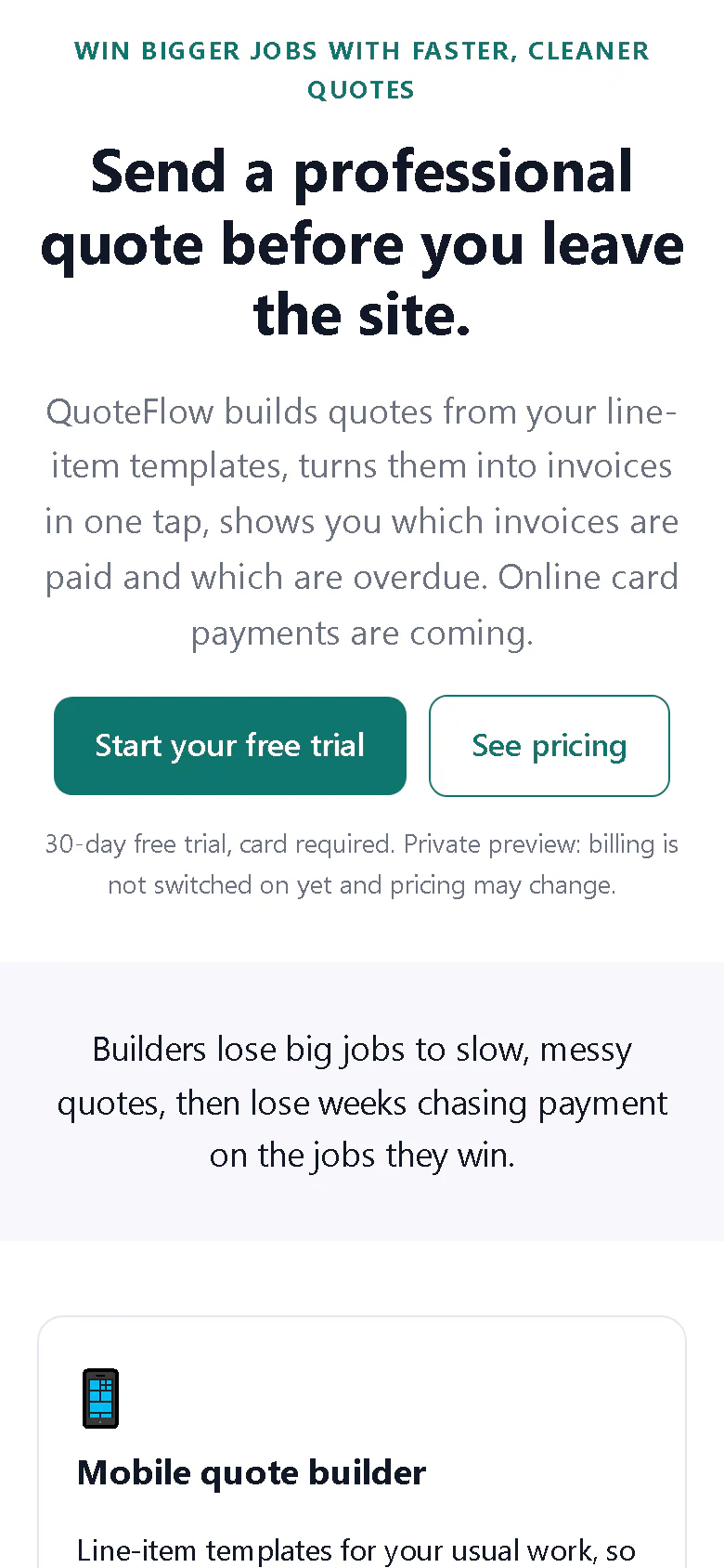 QuoteFlow landing page on a phone-sized screen