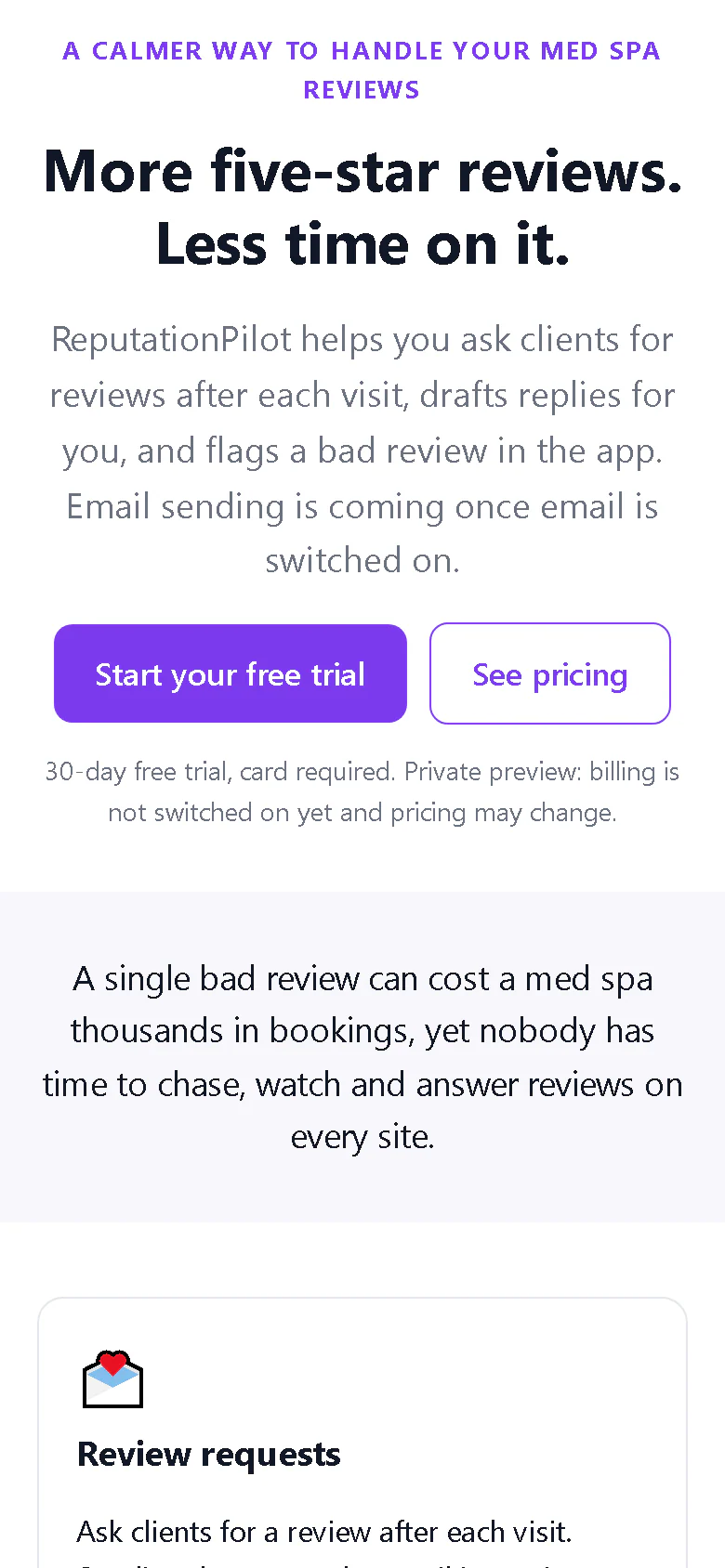 ReputationPilot landing page on a phone-sized screen