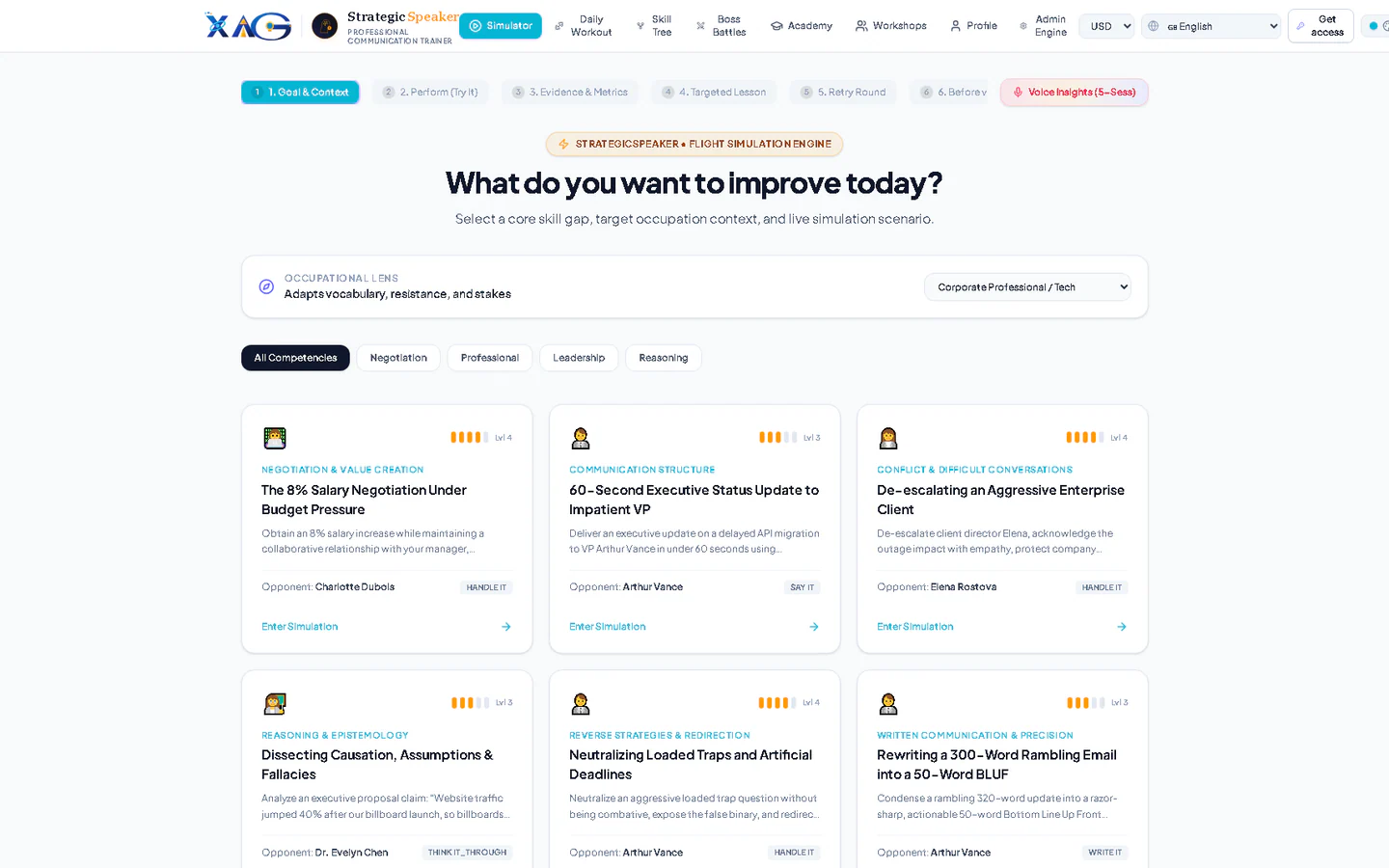 StrategicSpeaker simulator listing communication scenarios such as salary negotiation and de-escalating a client