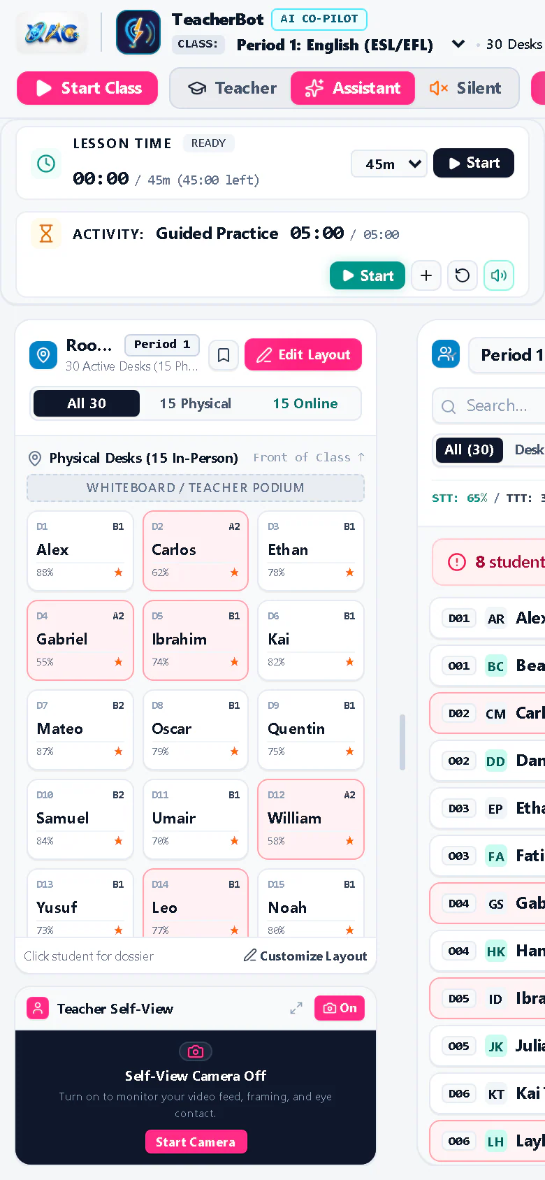 TeacherBot on a phone-sized screen showing the lesson timer and seating plan