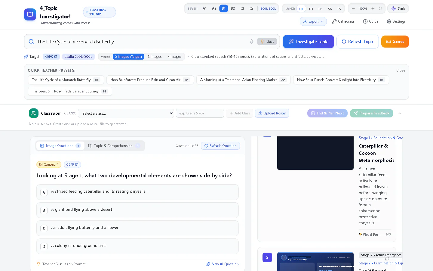 Topic Investigator quick teacher presets listing five ready-made lesson topics with CEFR levels